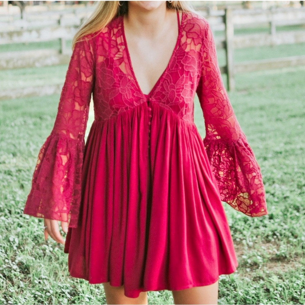 Free People With Love From India Bell Sleeve Crochet Lace Mini Boho - Picture 8 of 16